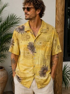 Yellow Sunflower Tencel Button-Up Shirt Men’s L Tropical Beach Resortwear